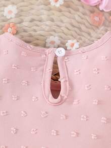 女婴甜美樱花印花圆领荷叶边连体衣，舒适可爱的夏季服装 - 粉色 - 查看 4