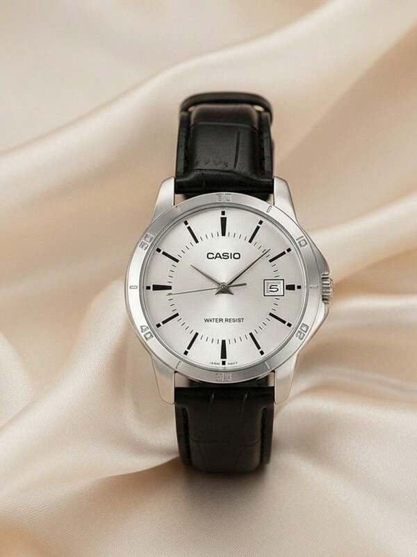 Casio 卡西欧男士商务真皮腕表，白色表盘，日期显示，优雅简约的办公腕表