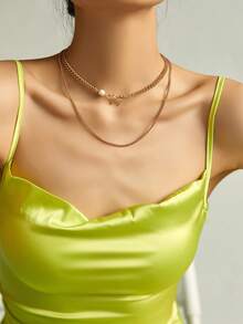 Nooxian 1 Set Gold Multi-Layer Irregular Hollow Butterfly Accessory With Natural Pearl Pendant Layered Necklace For Women - Yellow Gold - View 3