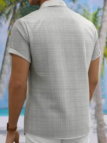 Retro Striped Geometric Print Men's Button-Down Short Sleeve Vacation Shirt - Grey - View 3