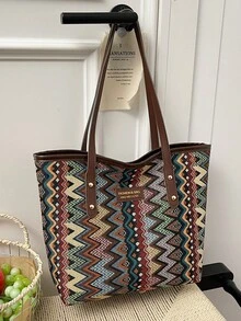 1个咖啡棕色手提包，全新设计，金属配件装饰，复古撞色，大容量女士单肩包 - 咖啡棕 - 查看 2