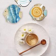4pcs/Set Wooden Fish Shaped Coasters, Coffee Cup Mats, Tea Cup Pads, Heat Insulation Coasters, Blue Polka Dot & Stripe Printed Design, 12x12.5cm, Suitable For Home, Bar, Office, Holiday Decor, Available In 1 Set Or 4-6 Sets - Baby Blue - View 3