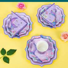 Mermaid Tail Birthday Petal Shaped Disposable Plates, Napkins, Cups, One-Time Party Supplies Set, Fits 25 Guests, Disposable Paper Plates Party Tableware Suitable For Birthday, Wedding, Theme Party, Family Picnic - Multicolor - View 5