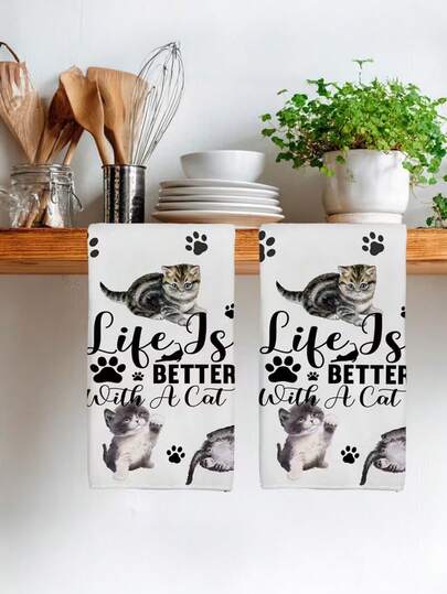 1/2/4Pcs Kitchen Towels Featuring A Cat Theme, With Adorable Cat Patterns And Paw Prints, Accompanied By The Text 'Life Is Better With A Cat'. Measuring 15.7X23.6 Inches, These Make Great Decorative Gifts For Cat Lovers Or For A New Home