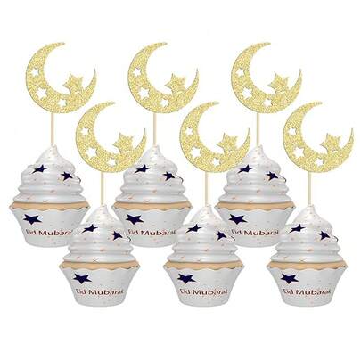 12 st Eid Månstjärna Cupcake Toppers Guld Glitter Ramadan Kareem Eid Mubarak Cupcake Picks För Eid Islamisk Muslimsk Tema Fest Tårtdekorationer Tillbehör