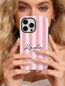 Funda de teléfono protectora de acrílico brillante con elementos rayados minimalistas, 1 pieza, unicolor personalizado con letra del nombre, compatible con iPhone 11/12/13/14/15/16/17 Pro Max Versión internacional, organizador de viaje, regalo de cumpleaños de primavera - Multicolor - Ver 2