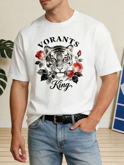 Men's Summer Tiger Animal Print Casual Short Sleeve T-Shirt, Suitable For Daily Wear, Vacation, Unisex