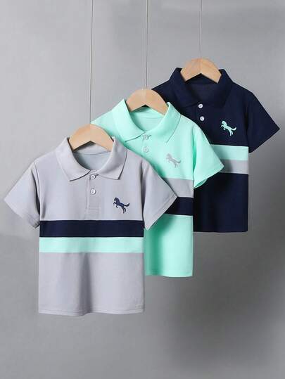 3pcs/Set Boys Polo Shirts, Casual Daily Wear Thin Short Sleeve T-Shirts With Colorblock & Graphic Print, Suitable For 4-12 Years Old