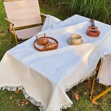 1pc Bohemian Cotton Crochet Tablecloth With Tassel Trim, Suitable For Parties, Weddings, Picnics, Kitchen And Restaurant Dining Table - White - Picnic Tablecloth - View 77