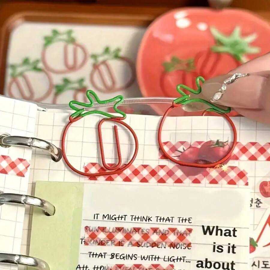5pcs Tomato Shaped Dual-Color Asymmetrical Bookmarks With Leaf Top, Creative Desktop Decor, Office/Study Diary Accessories, Interesting Stationery, Sturdy Bookmarks - Multicolor - View 1