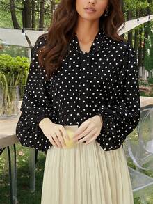 YUXIN 女士春夏波点长袖衬衫，丝滑系领宽松透气，适合多种场合穿着，如办公室、休闲度假派对等，黑色款。 - 黑色 - 查看 8