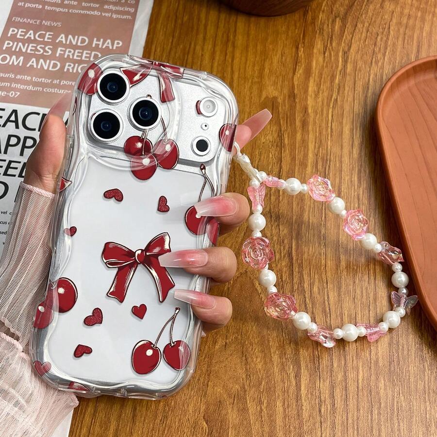 1个可爱红色蝴蝶结元素非3D亮面透明大波浪奶油色外壳2D印花手机壳，带玫瑰挂绳，防震保护套，兼容苹果 11/12/13/14/15/16/16 Pro/16 Pro Max，三星Galaxy A05/A15/A25/A35/A53/A54/A55/S23/S24 - 彩色 - 查看 1