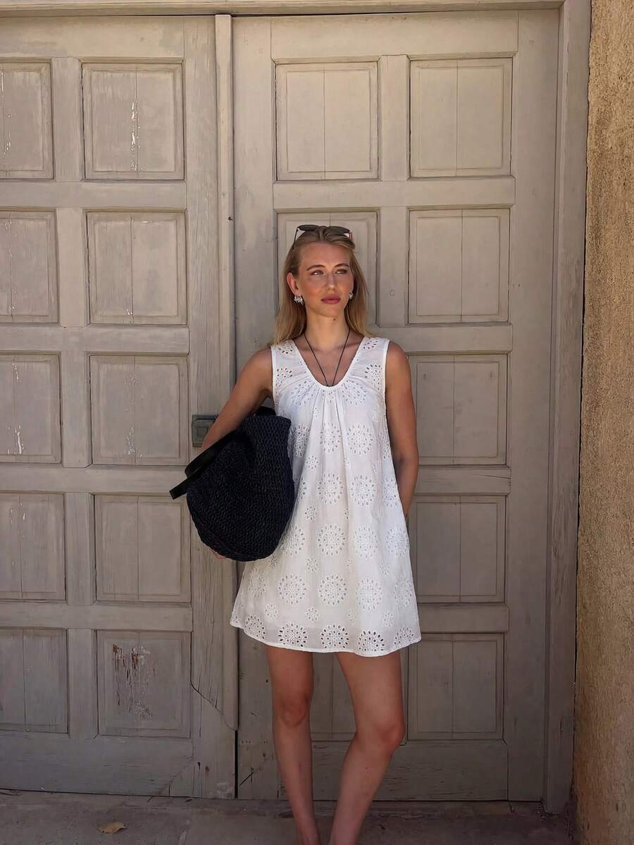 Solid Color Casual Bohemian Style Linen Dress With Embroidery, Summer - White - View 1