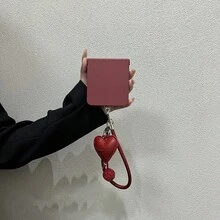 Simple Wine Red Phone Case With Heart Pendant Leather Strap Compatible With Samsung Galaxy ZFlip7 Z Flip6 ZFlip 5 Zflip6 Zflip5 Shockproof Back Cover - Burgundy - View 4