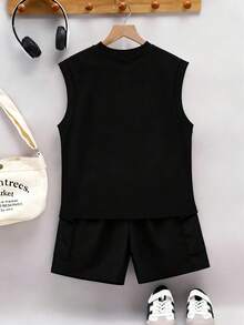 青少年男童小熊图案无袖圆领背心+工装裤舒适两件套，春夏款 - 黑色 - 查看 2