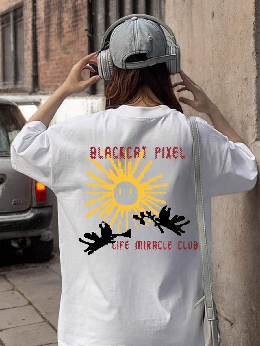 2026 Spring/Summer New Women's 1pc Casual Loose Design Pixel Print Double-Sided Graphic Round Neck T-Shirt, Versatile - White - View 1