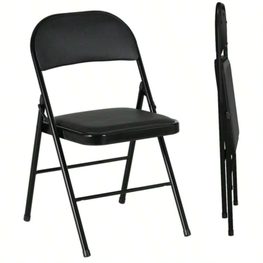 Set Of 2 Folding Chairs, Portable Office Chairs, Metal Legs, Ideal For The Office, Reception Or Waiting Room, Black Faux Leather Upholstery. - Black - View 1