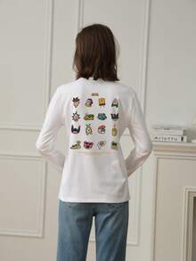 2026 Spring New Women's 1pc Casual Loose Graphic Tee, Reversible Funny Print, Personality Fashion Comfortable College Style Round Neck Top - White - View 3