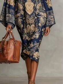 Đầm nữ thoải mái, in hoa, cổ tàu, tay rộng, thích hợp cho mùa xuân/thu, kiểu dáng thanh lịch. - Nhiều màu - Xem 4