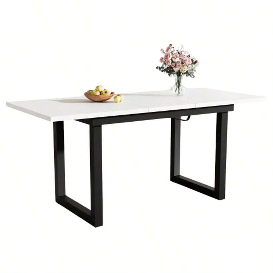 Utdragbart matbord, L140/180 x B80 x H75 cm, industriell stil, rektangulärt, soff-/loungebord, modernt och elegant matbord i järn, platsbesparande multifunktionellt bord, MDF, vitt och svart - Svart och Vitt - Visa 1