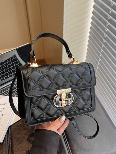 女士简约百搭纯色休闲手提包，翻盖闭合，结构化设计，金属扣，可拆卸肩带，可斜挎。