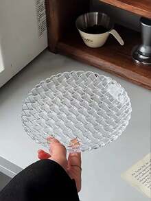 1pc Creative High-End Woven Texture Glass Round Plate, Elegant Transparent Breakfast/Fruit/Dessert Serving Tray - Clear - View 9