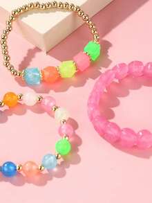 3pcs/Set Girls' Sweet Heart & Star Beaded Layered Bracelet, Children's Party & Birthday Gift Jewelry - one-size - View 4