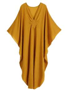 Elegantes Damen Urlaubskleid als Cover-Up, modisch locker geschnittenes Lässig V-Ausschnitt Fledermausärmel Strandüberwurf - Senfgelb - Übersicht 1