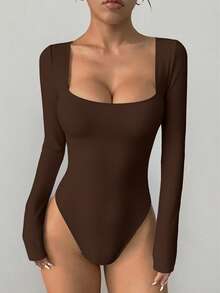 6pecil Women's Shapewear Bodysuit, Shaping Leggings With Slit Waist, Thong Or Briefs, Long-Sleeved Solid Color Sports Bodysuit. - Coffee Brown - View 9