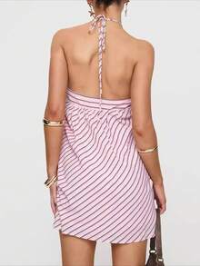 Chica caliente vestido vestido de mujer rayas cuello desnudo espalda vestido dulce chica estilo falso viento playa vestido de mujer alto sentido - p - Ver 4