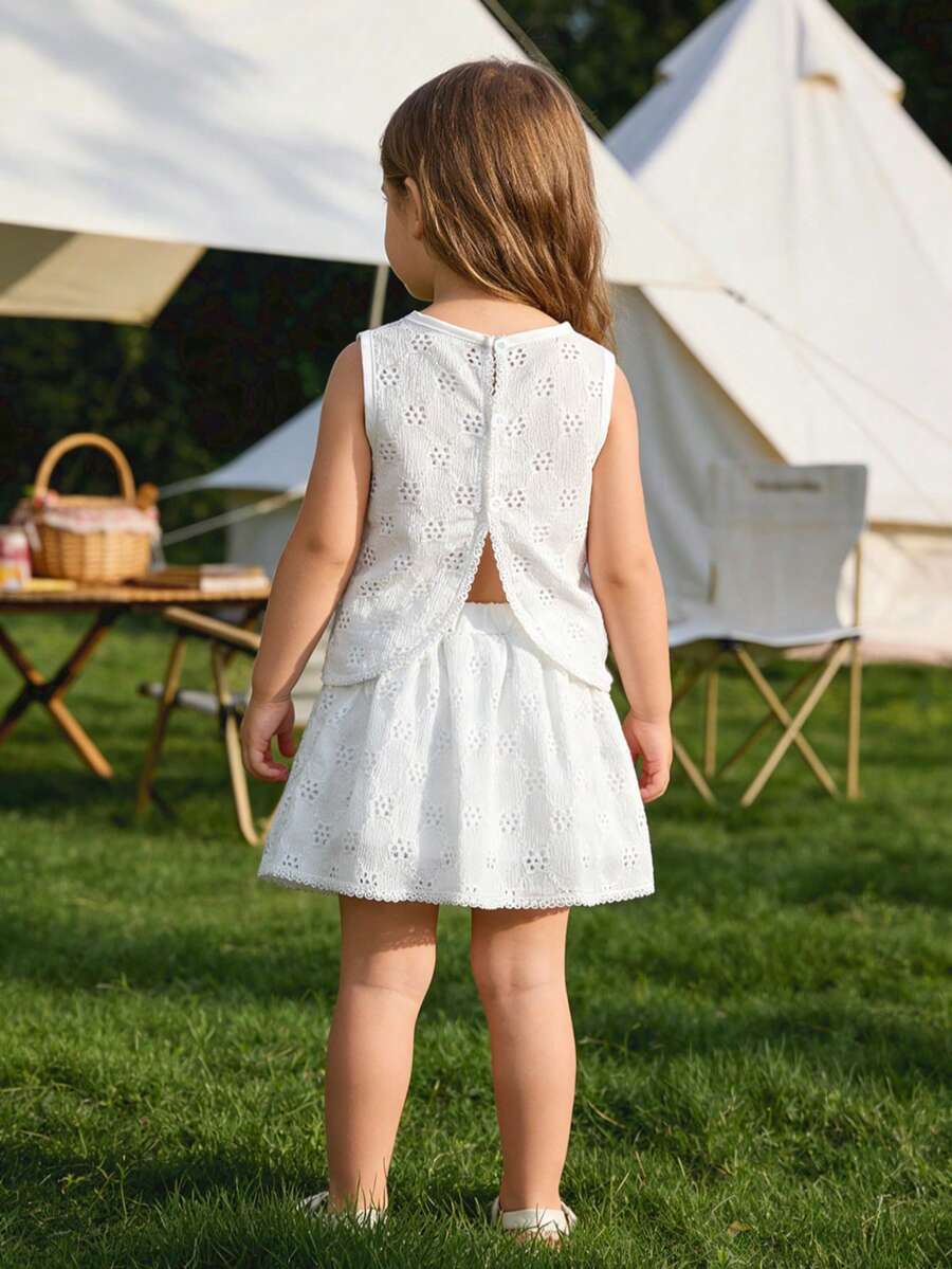 Summer Baby Girl Fashionable Casual Outdoor Vacation Minimalist Matching White Jacquard Hollow Lace Back Irregular Round Neck Sleeveless Top And Mini Skirt 2-Piece Set - White - View 1
