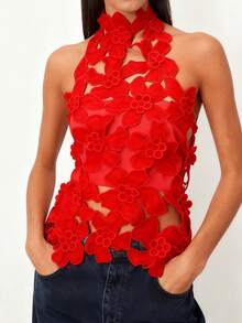 Womens Halter Neck 3D Floral Appliqué Top Featuring A Chic High Neck Design To Sculpt A Flattering Silhouette Perfect For Summer Music Festivals Night Out Clubwear Parties And Fashionable Social Vacation Outings - Đỏ - Xem 4