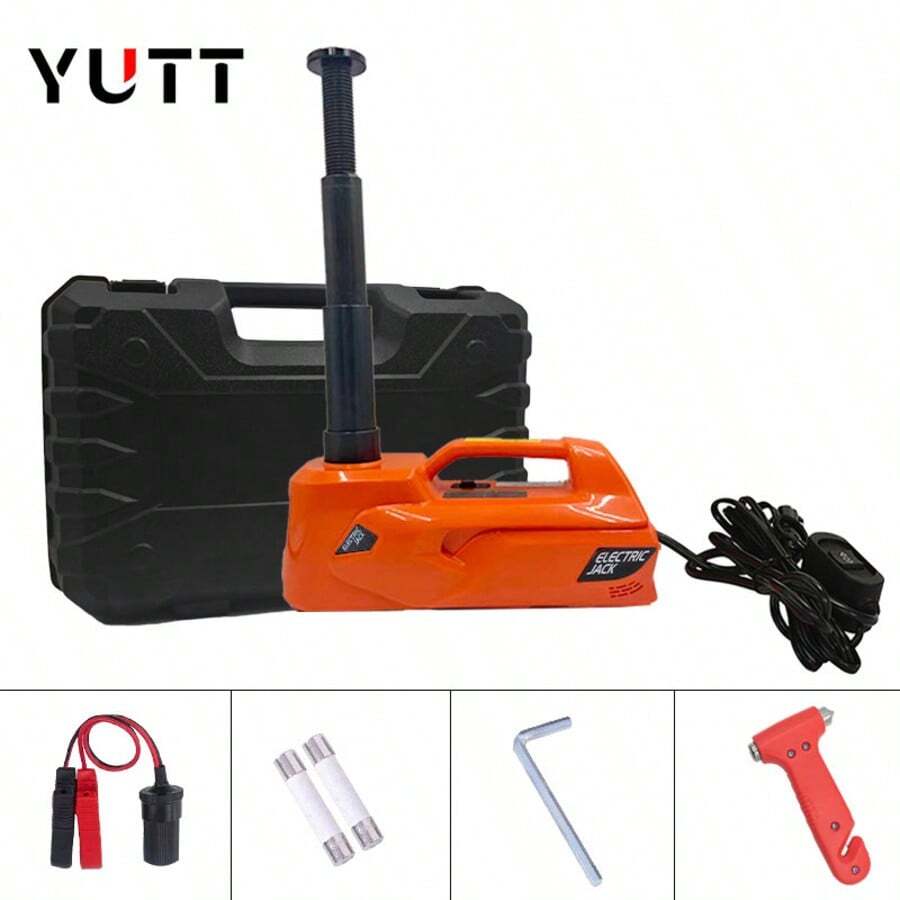 5 Ton/12V Electric Hydraulic Jack, With Built-In Safety Hammer And LED Light, Lifting Range: 6.1~17.7 Inches, Suitable For Cars, SUVs, And Small Trucks Portable Jack Kit