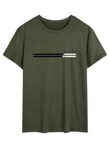 男士圆领字母印花休闲百搭日常短袖T恤 - 軍綠色 - 查看 2