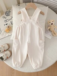 Bộ áo liền quần không tay màu trơn tối giản cho bé trai/bé gái, họa tiết gấu, dây đeo dày, hai túi bên hông, thời trang và đa năng, phù hợp cho mặc hàng ngày, dự tiệc, hoạt động ngoài trời vào mùa xuân/hè. - Màu be - Xem 2