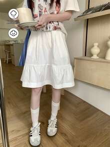 Rikumo 日系休闲黑色A字裙，带口袋，简约设计，显年轻。 - 白色 - 查看 7