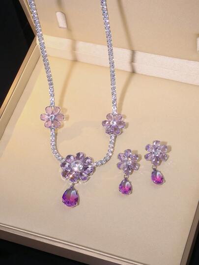 1 Set Luxury Zirconia Stone Purple Waterdrop Flower Necklace & Earrings Jewelry Set, For Evening Party