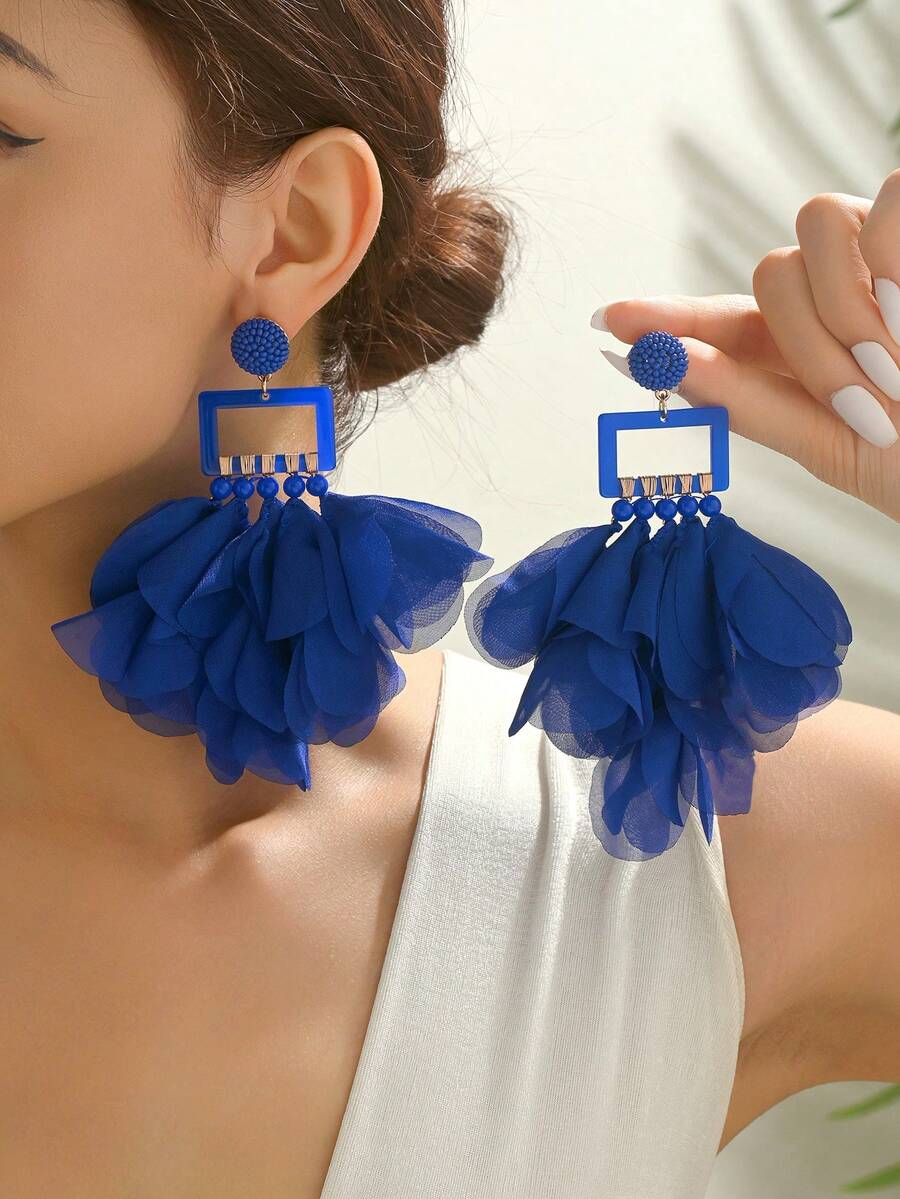 波西米亚风蓝色雪纺花瓣流苏多层手工布艺耳环，女士热带度假海滩派对饰品 - E2846-深藍色 - 查看 1