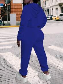 CALEBGAR Plus Size Women's Three-Piece Fleece-Lined Tracksuit, Includes Hoodie, Vest, And Long Track Pants |   Autumn/Winter Loose-Fit Casual Tracksuit |   Streetwear Sporty Style - 藍色 - 查看 2