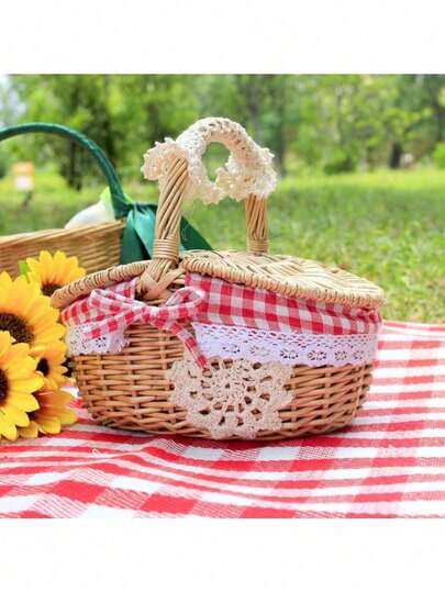 复古藤编户外手提提手储物篮野餐篮带盖