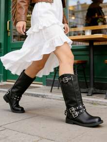 Women's Punk Mid Calf Boots Chunky Low Heel Riding Boots Platform Moto Boots Round Toe Wide Calf Motorcycle Boots For Women With Buckles Wide Calf Pull On Biker Boots - 黑色 - 查看 2