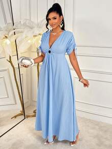 Amarilo Elegant & Sexy Textured Fabric Cutout A-Line Midi Dress With Deep V-Neck & Drawstring Sleeves, Ideal For Parties, Vacations & Dates - Light Blue - View 4