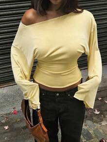 Elegant Deep V-Neck Long Sleeve Knit Sweater Top For Women, Soft & Stretchy, Regular Length, Yellow - Yellow - View 10