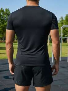男士修身黑色压缩健身T恤 - 黑色 - 查看 7