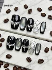 10片手工黑白珍珠美甲贴片，日式极简风格，可重复使用，女士适用 - 彩色 - 查看 5