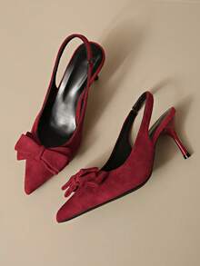 French Classic Elegant Bowknot Strap Sandals, Pointed Toe High Heels, Versatile Slip-On Sandals For Spring/Summer, Suitable For Commuting And Dresses - Red - View 7