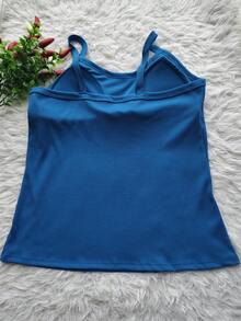 Women's Ribbed Tank Top With Thin Straps And Padded Cups - Blue 2 - View 2