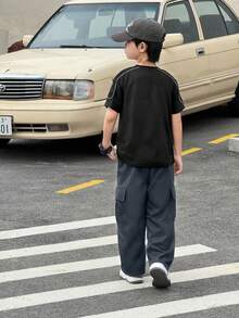 2pcs/Set Tween Boys Sophisticated Casual Round Neck T-Shirt And Straight Leg Cargo Pants Set, High Cost-Effective - Multicolor - View 2