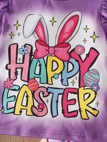 Bộ 2 món cho bé gái, kiểu dáng thường ngày, in chữ "HAPPY EASTER" (Chúc mừng Lễ Phục Sinh) với họa tiết tai thỏ, nơ, ngôi sao, trứng và hoa, chất liệu vải mềm mại, tay ngắn và quần ống loe, thích hợp mặc ngoài trời, mùa xuân/hè. - Nhiều màu - Xem 5