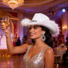 Western Style Cowgirl Cap Stylish Feather Tassel Brim Decorated Wide Brimmed Hat For Men Women Cosplay Party - trắng - Xem 3